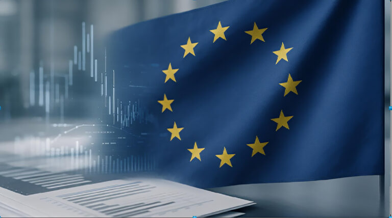 Európai Unió zászlaja grafikonokkal, EU-s fenntarthatósági szabályozások és jelentéstétel szemléltetése